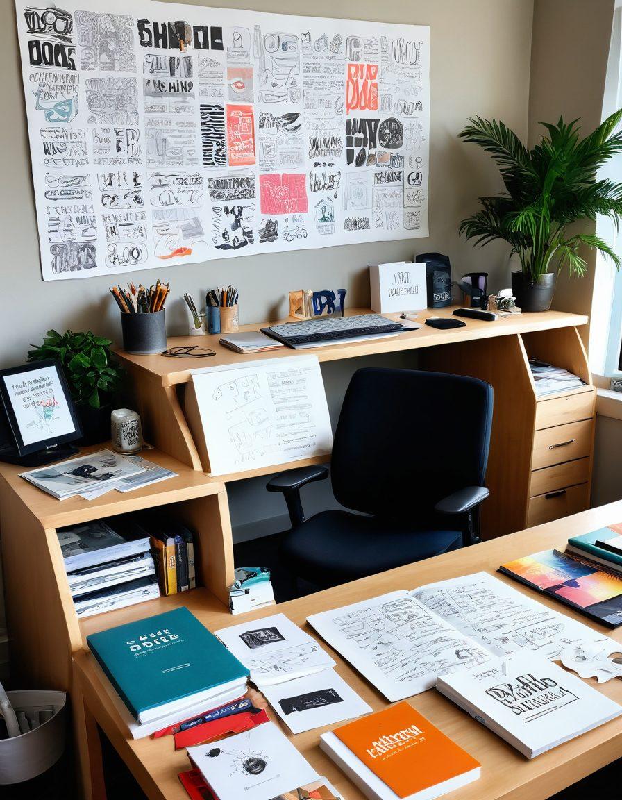 A creative workspace with a designer's desk showcasing various logotype sketches and typography samples, with vibrant color swatches and typography books scattered around. In the background, a large canvas displays a striking logotype design in bold, dynamic typeface. Soft natural lighting bathes the scene, highlighting the textures of paper and ink. super-realistic. vibrant colors. soft focus.